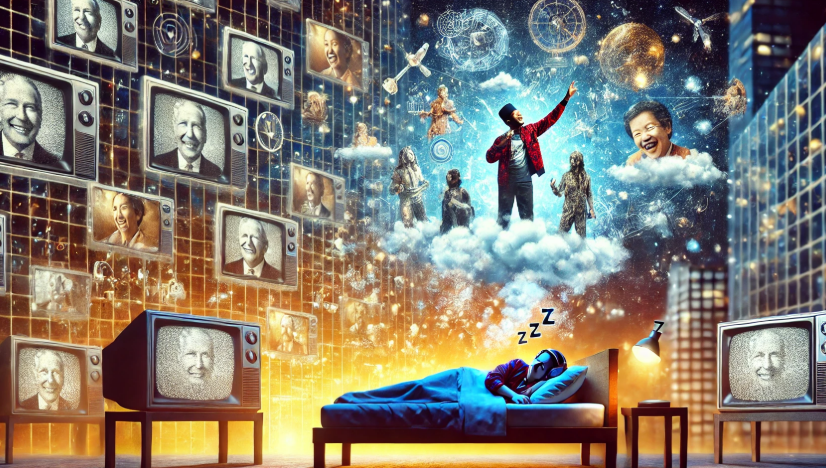 The image reflects the impact of media consumption on dreams, featuring a person asleep surrounded by glowing screens, with a dream cloud depicting surreal interactions with celebrities.