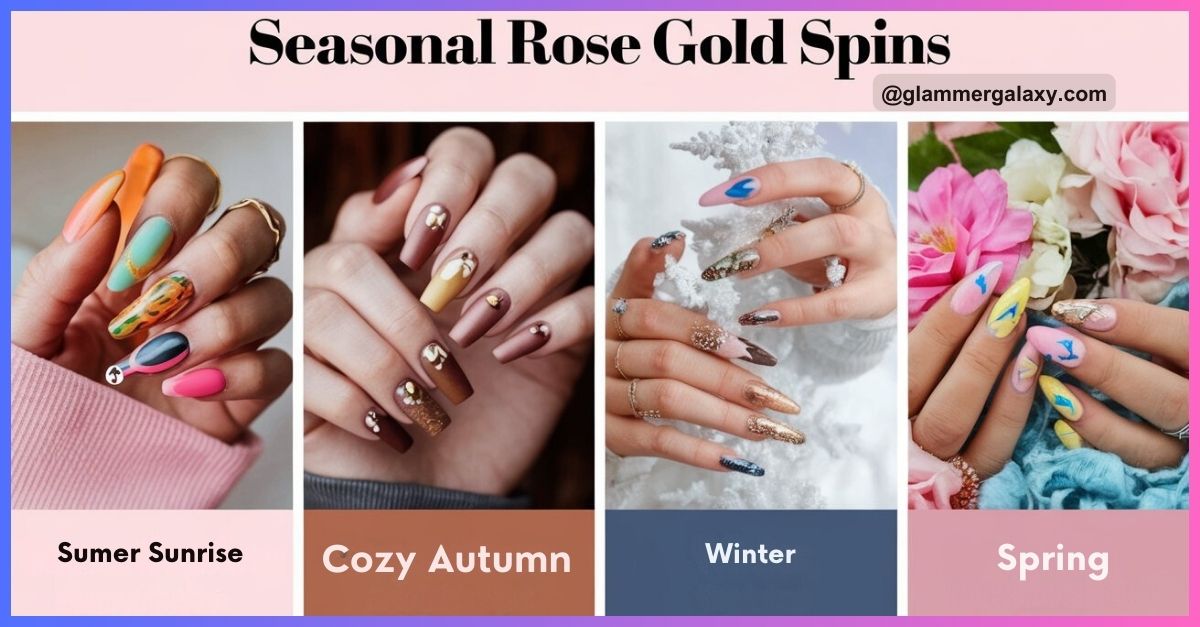  Four images of nails themed for different seasons: Summer Sunrise, Cozy Autumn, Winter, and Spring.