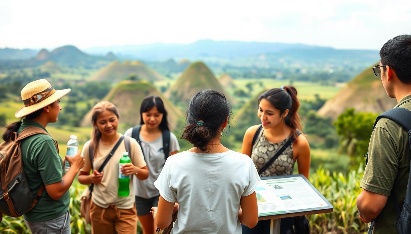 Eco-conscious tourists enjoying sustainable tourism activities at the Chocolate Hills