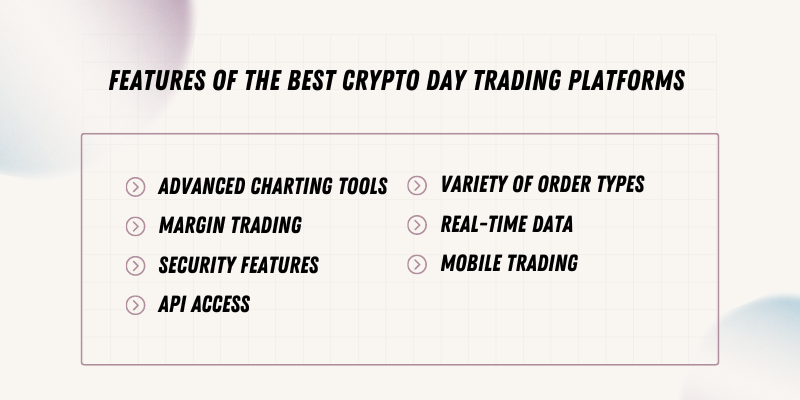 Infographic on features of top crypto day trading platforms: charting tools, order types, margin trading, real-time data, security.