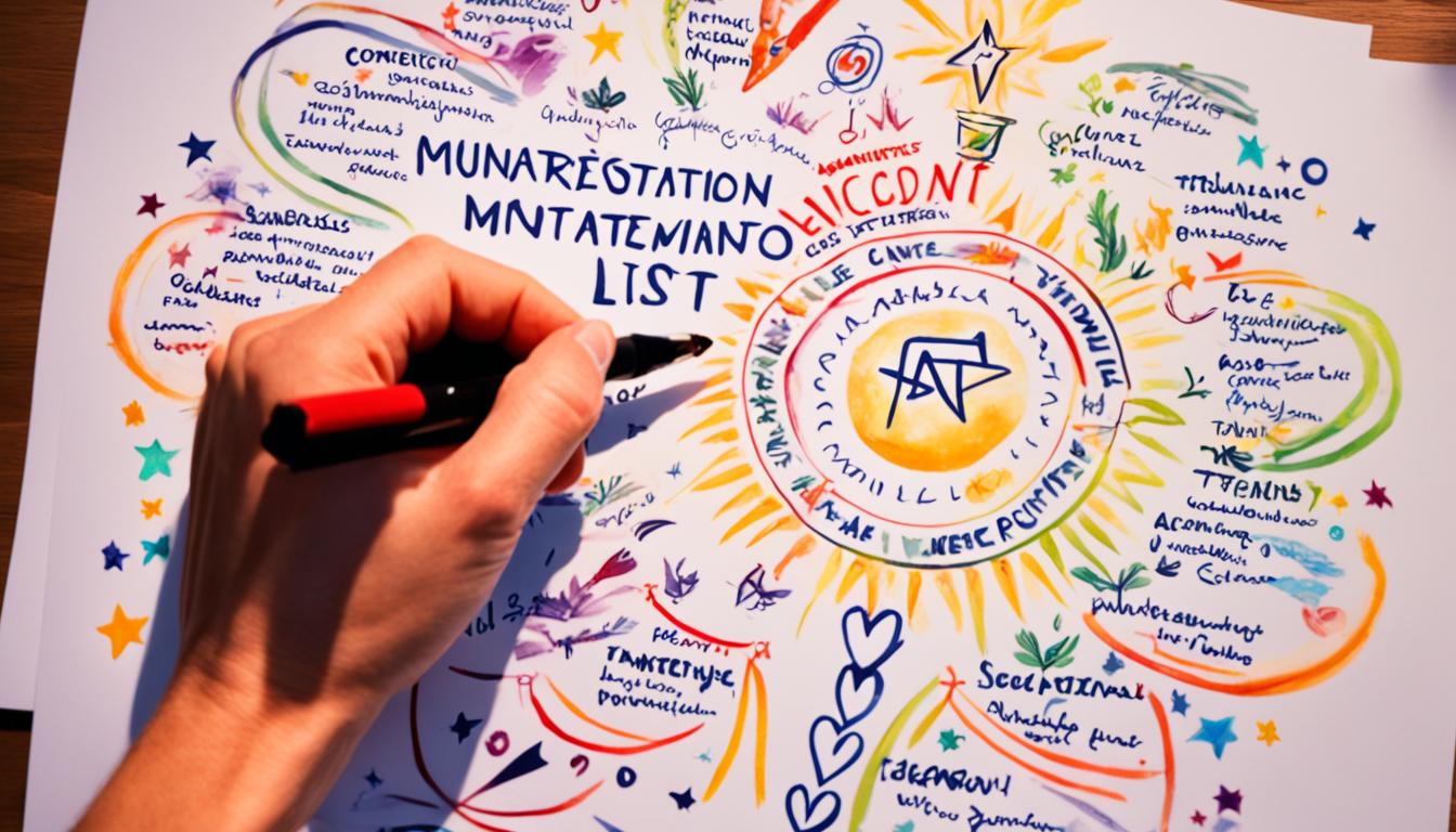 A hand holding a pen, writing on a piece of paper with the words "Manifestation List" at the top. The writing is surrounded by glowing light, emphasizing the power and intention behind each item on the list. The paper is surrounded by various symbols representing abundance, connection, and manifestation, such as stars, heart shapes, and intertwining vines. Outside of the symbols is a dark background, representing the limitless possibilities of what can be manifested through intentional writing.