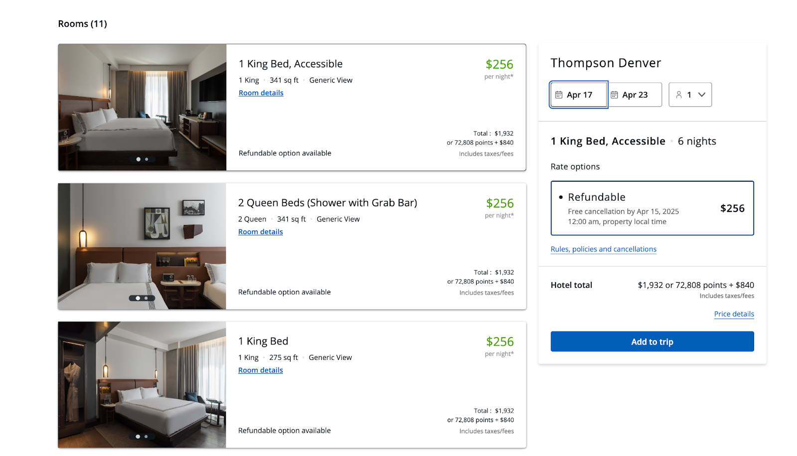 screenshot of hotel details in chase travel 