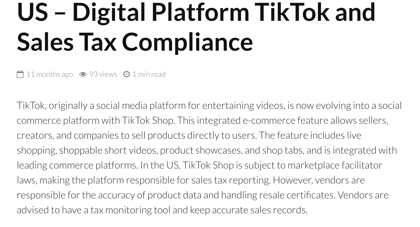 Sales Tax on TikTok Shop and Instagram Shopping: TikTok is classified as a Marketplace Facilitator in the U.S. 