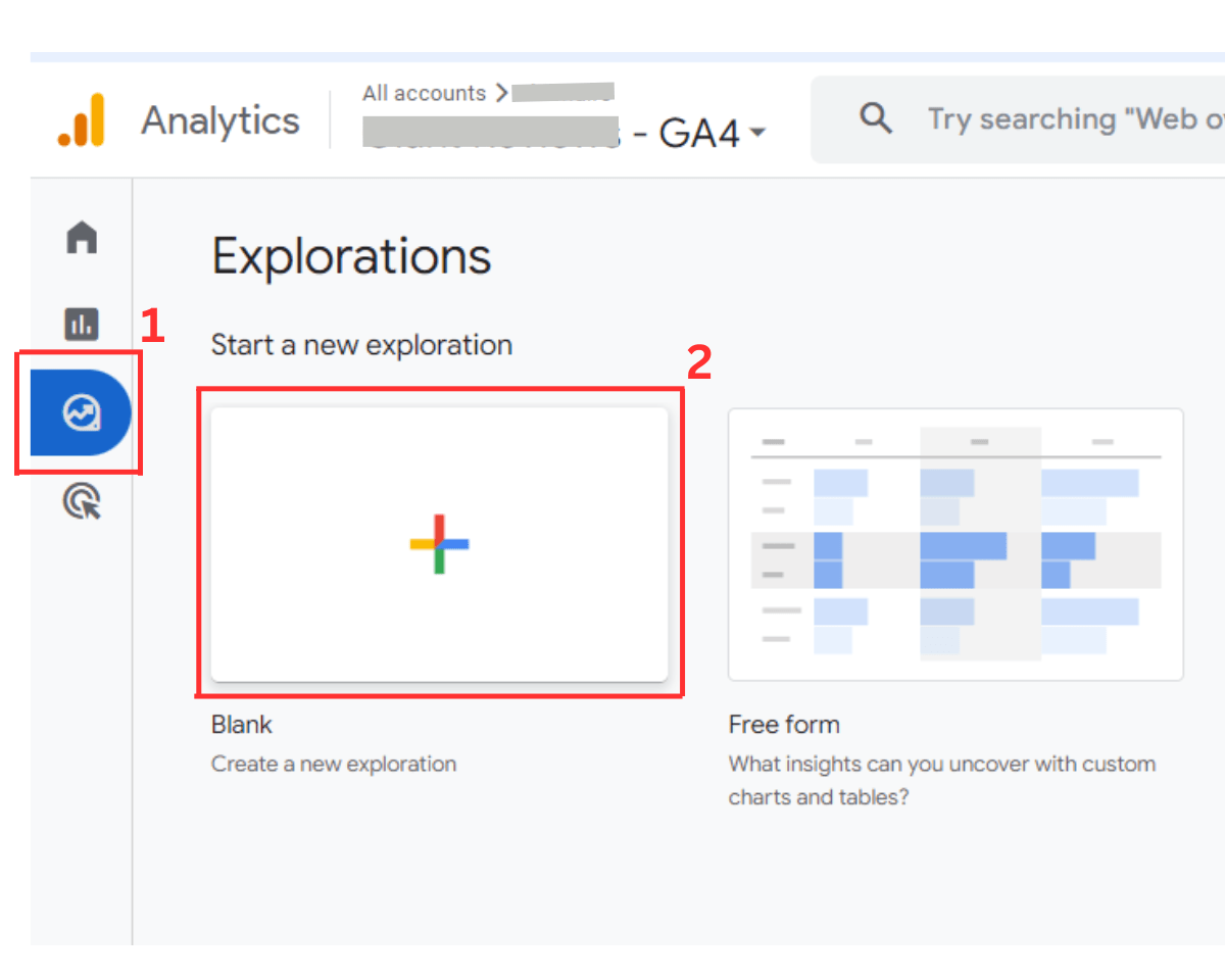 How to view exploration reports in GA4: In your GA4 dashboard, click Explore and start a blank exploration page