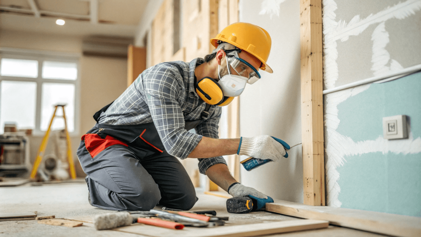 Professional-looking DIY enthusiast wearing complete safety gear while working on a home renovation project