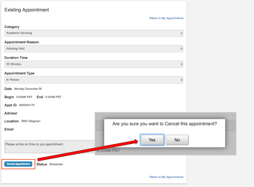 Cancel Appointment button and Cancel appointment confirmation popup emphasized with red box highlight.