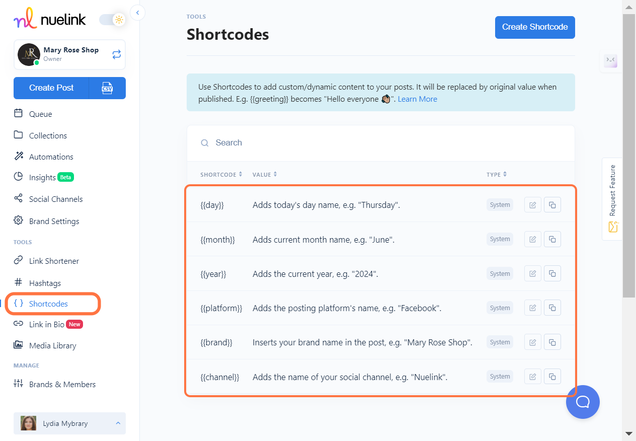 Click on SHORTCODE	VALUE	TYPE	…