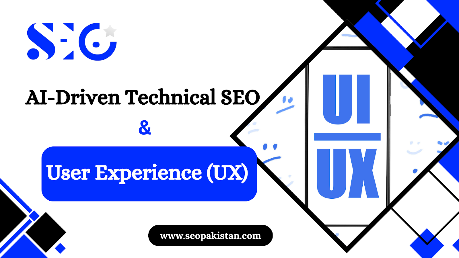 Abstract graphic highlighting User Interface (UI) and User Experience (UX) in the context of AI-driven technical SEO, with elements suggesting user feedback.