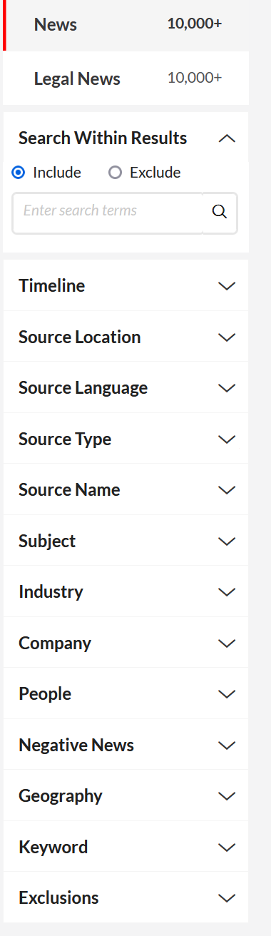 The left menu bar on a Nexis Uni search results page shows other filter options, such as Timeline, Source Location, Source Language, Source, Type, etc.