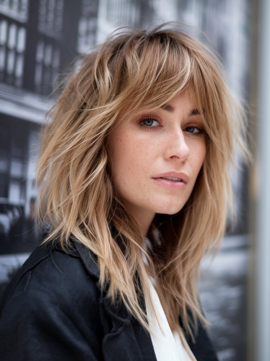 60. Youthful Angled Bangs with Layers