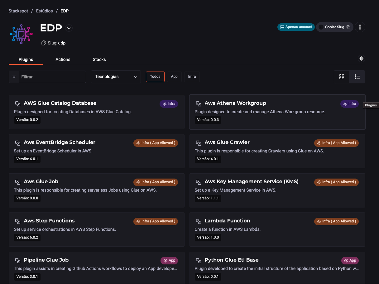 tela inicial do Estúdio com EDP em destaque e abaixo as abas Plugins, Actions e Stacks, a primeira está selecionada. Aparecem 10 Plugins de exemplo, como AWS Glue Catalog Database e Aws Athena Workgroup.