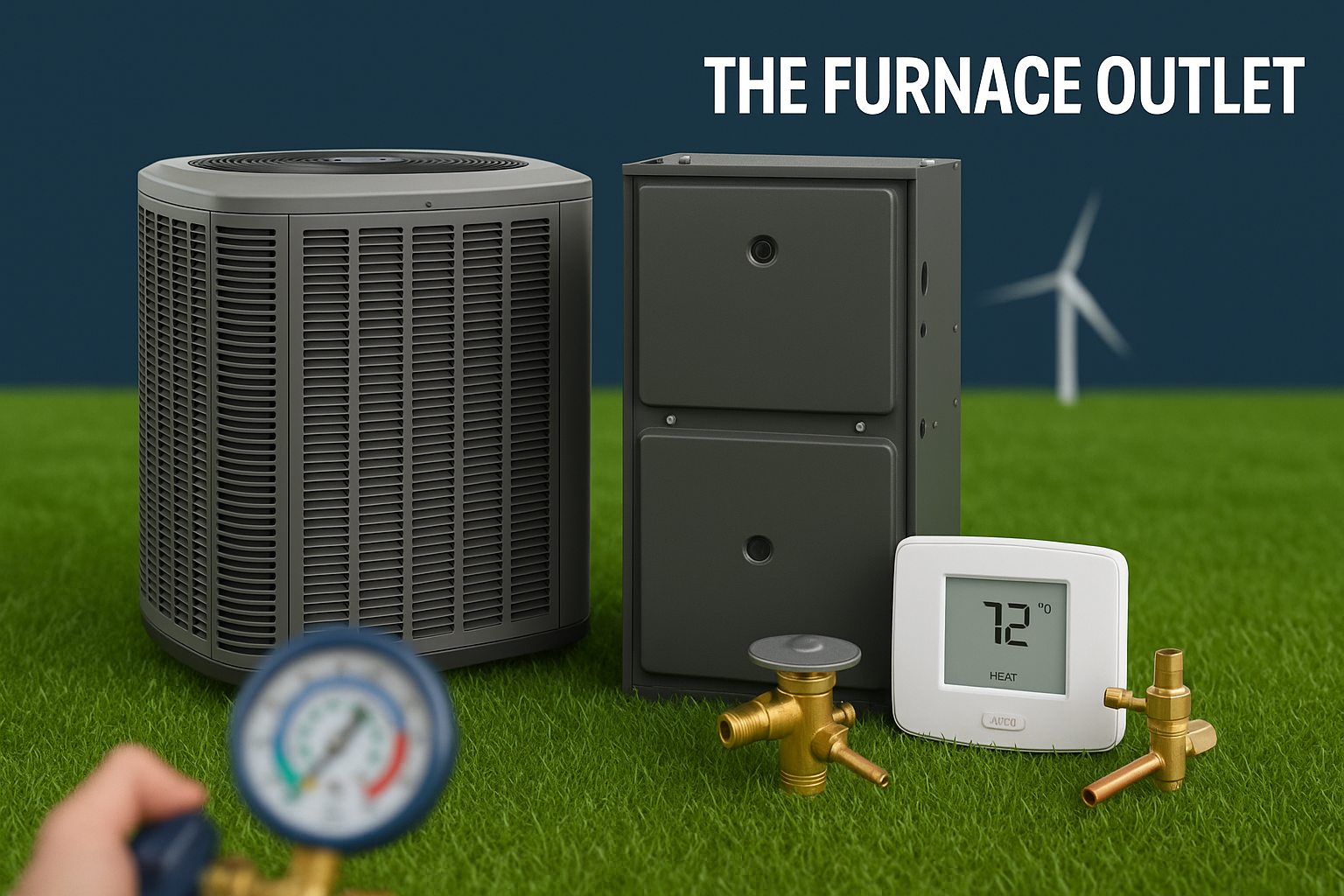 A branded image for The Furnace Outlet showing an HVAC system setup including a central AC unit, gas furnace, smart thermostat, and brass refrigerant valves on a green lawn, with a technician’s hand holding a pressure gauge in the foreground, highlighting the importance of precise diagnostics and energy-efficient installations.