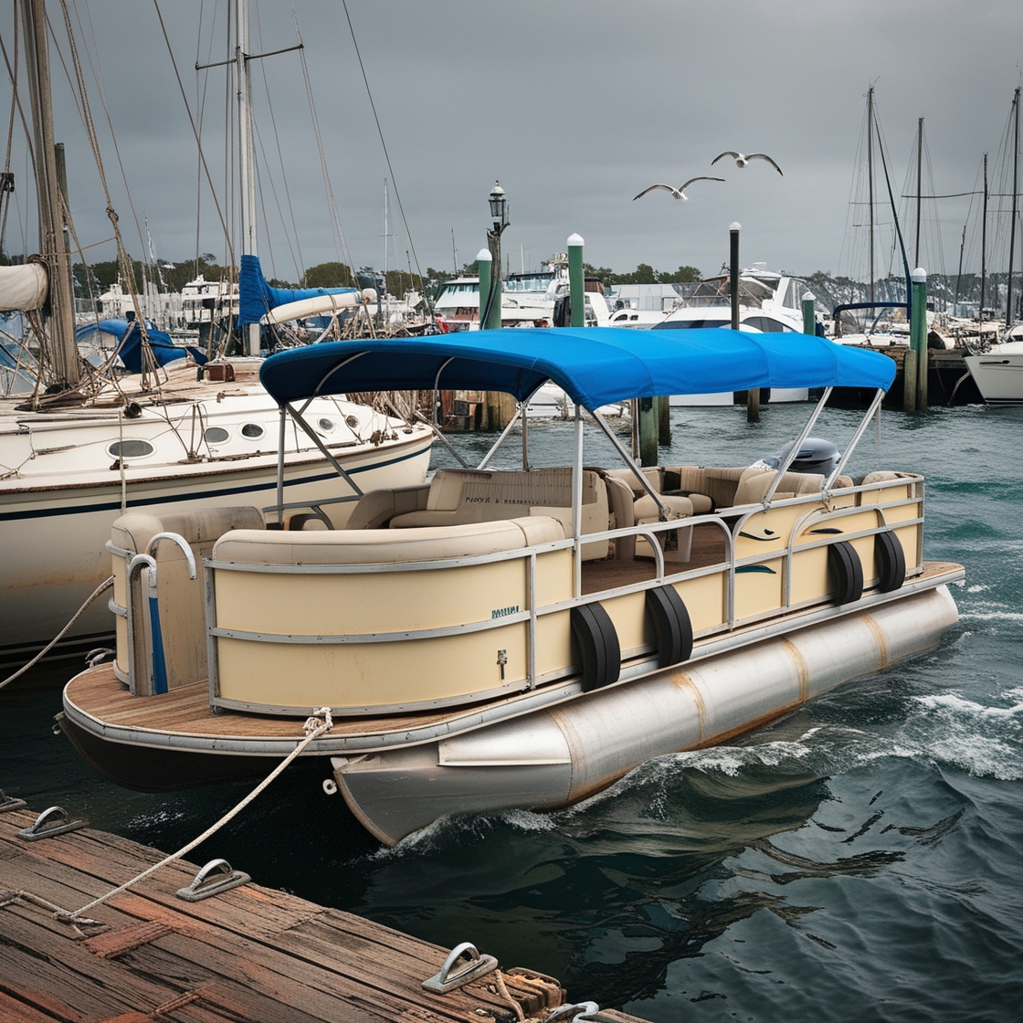 Pontoon boat with rubber fenders for extra protection.