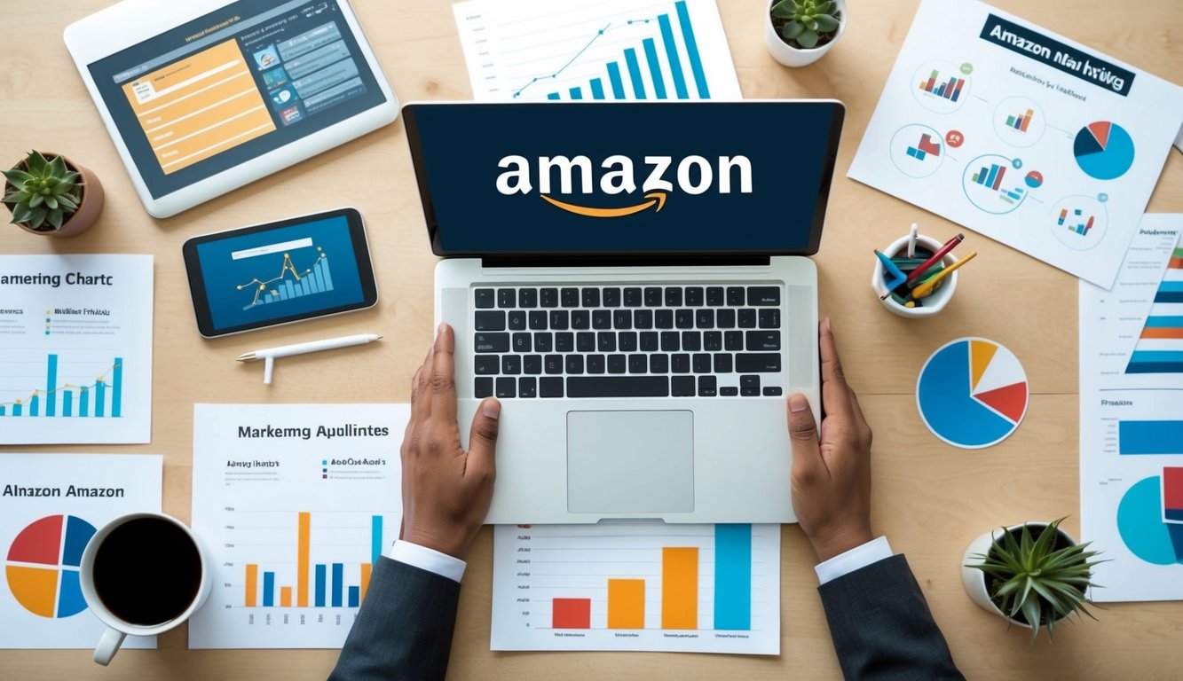 A laptop surrounded by various Amazon marketing materials and charts