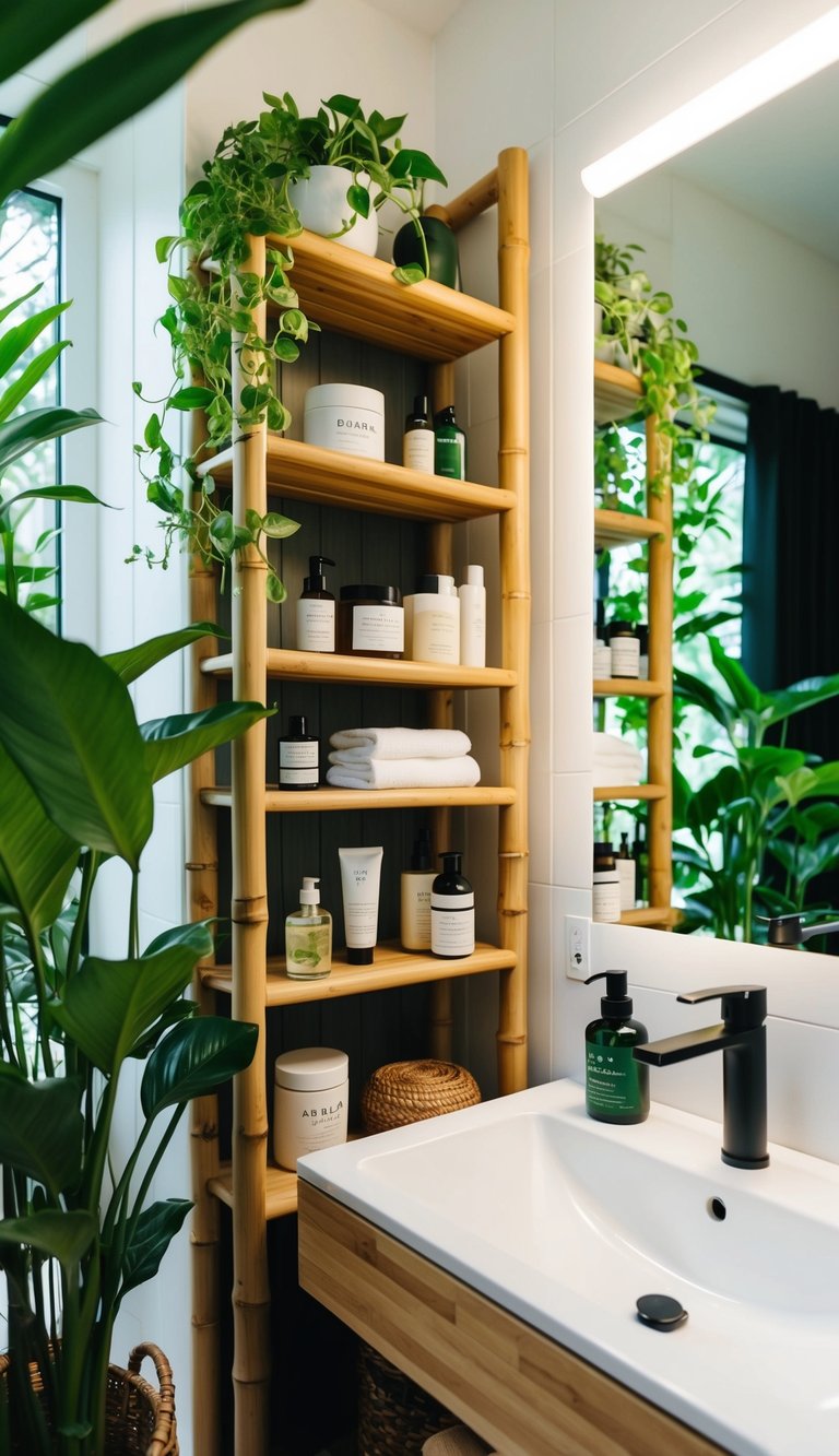 A modern bathroom with bamboo shelves filled with eco-friendly products, surrounded by green plants and natural light