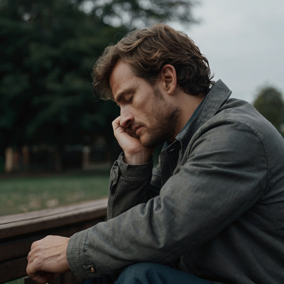 Close-up of a man sitting alone on a bench, deep in thought, capturing the loneliness and introspection felt during the healing process.