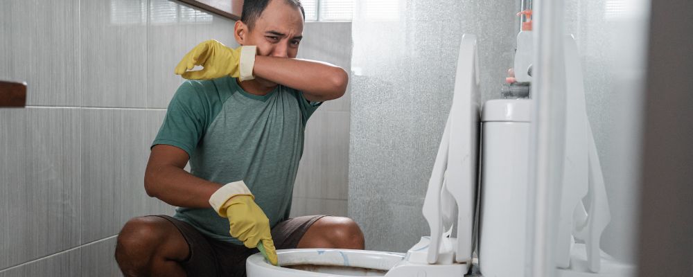 A man clearing out a messy bathroom