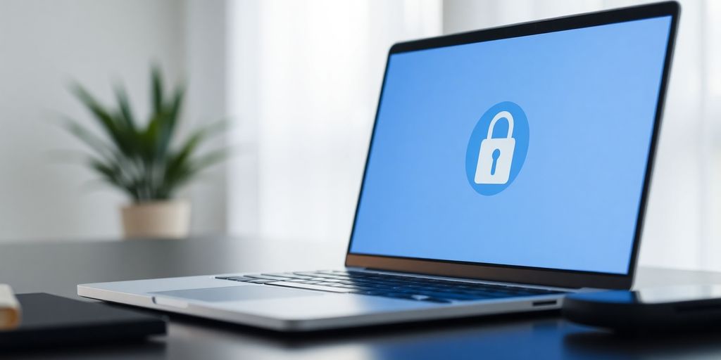 Laptop with digital lock icon indicating online security.