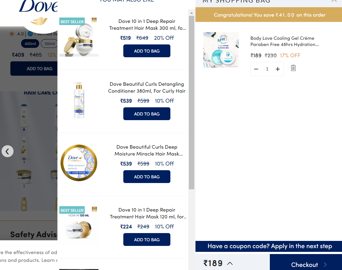 Dove provides recommendations during checkout