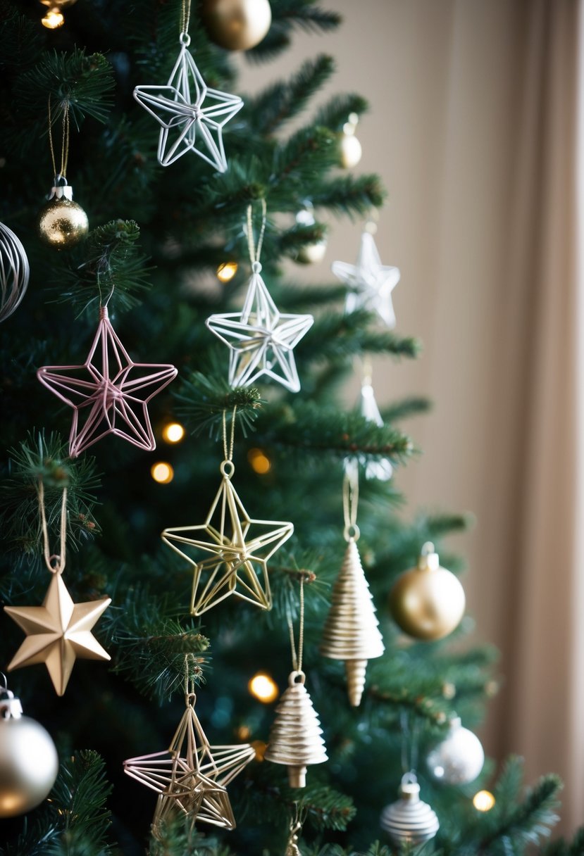 A Christmas tree adorned with metallic wire stars of various sizes and colors, adding a festive and elegant touch to the holiday decor