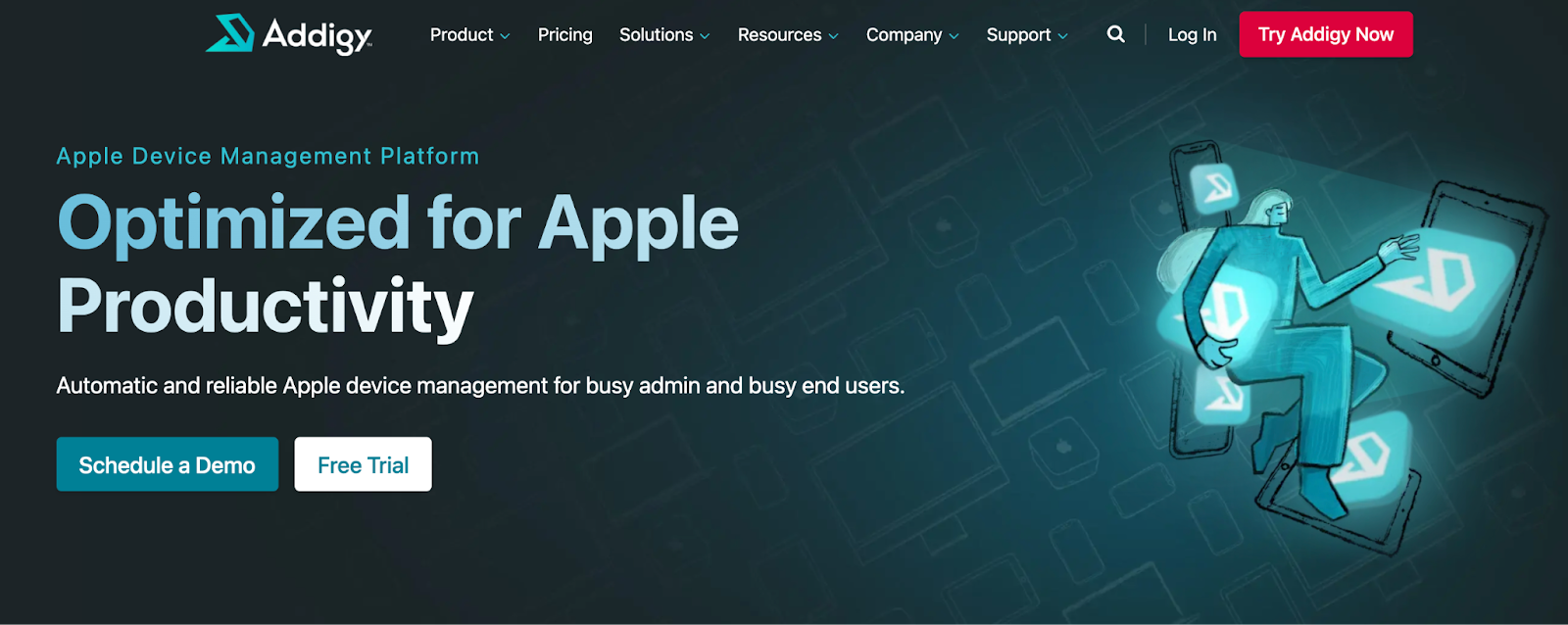 Addigy homepage picture. It says, "Optimized for apple productivity."