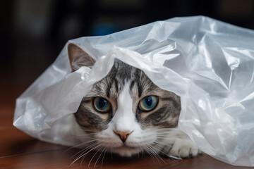 A cat with a plastic bag on its head

Description automatically generated