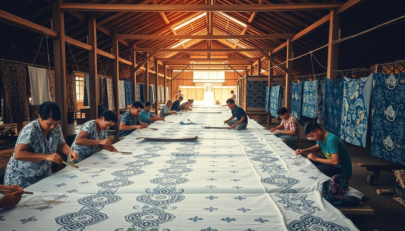 A bustling batik workshop in a traditional Malaysian village. In the foreground, skilled artisans carefully apply wax resist patterns onto pristine white fabric using copper canting tools. The air is thick with the aroma of dyes as workers dip the fabrics into vibrant indigo and earthy tones. The middle ground reveals the challenges of manual labor - intricate designs, repetitive motions, and the physical strain of the process. In the background, rows of drying racks hold the finished pieces, showcasing the stunning diversity of batik patterns. Soft, natural lighting filters through the wooden beams, casting a warm, golden glow over the entire scene.