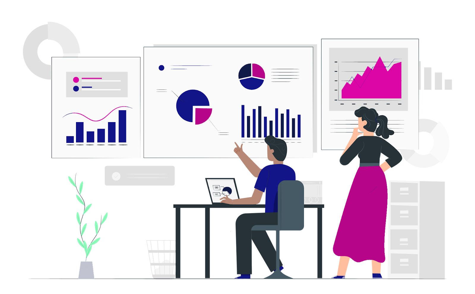 An illustration of two people looking at a range of charts and graphs.