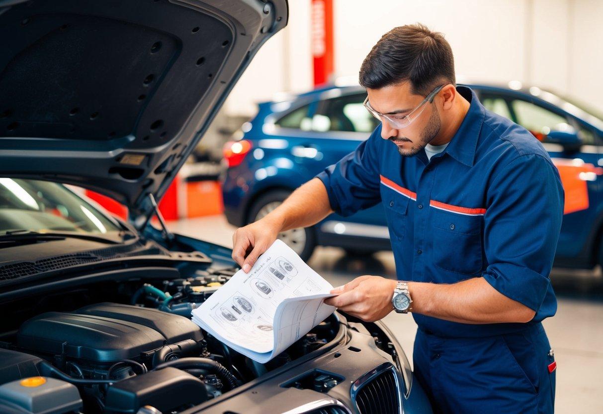 A mechanic using a workshop manual to repair a car engine