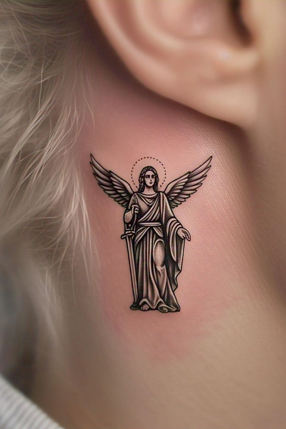 Saint Michael Tattoo on the Ear or Behind the Ear