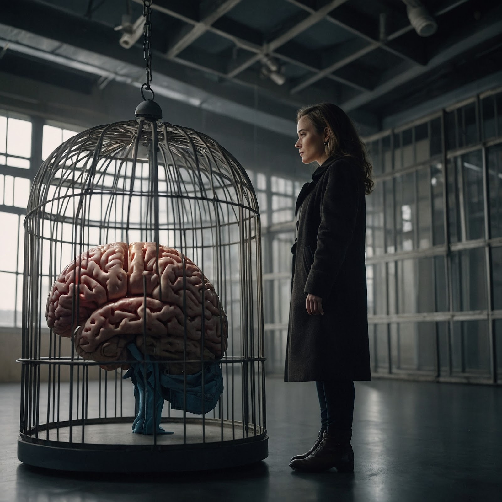 A brain inside a cage, with a tiny version of a woman standing outside it – Symbolizing captivity within limerence.