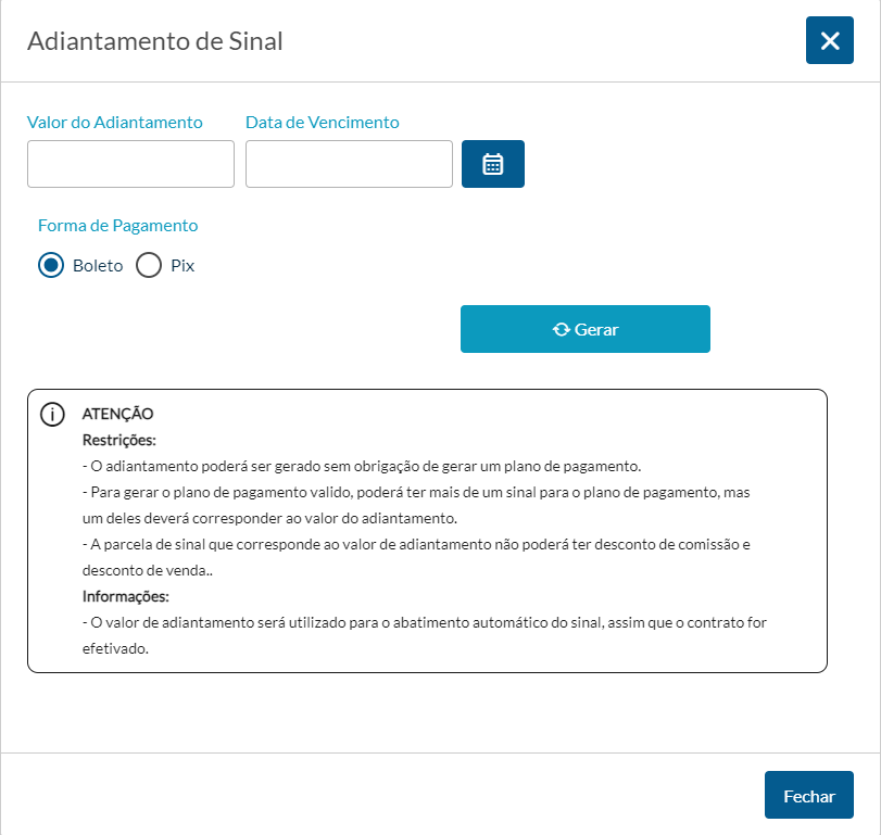 Tela mostrando o Adiantamento de Sinal no TOTVS Construção, Portal de Imóveis