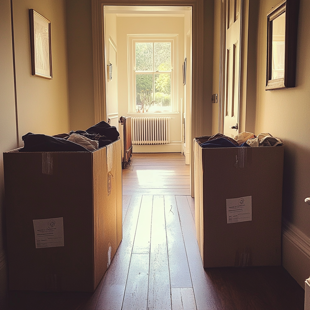 Boxes of clothing in a hallway | Source: Midjourney