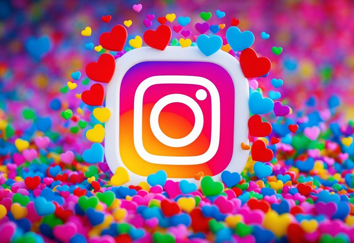 Um logotipo vibrante do Instagram cercado por uma enxurrada de corações coloridos, curtidas e comentários, simbolizando um aumento de seguidores.