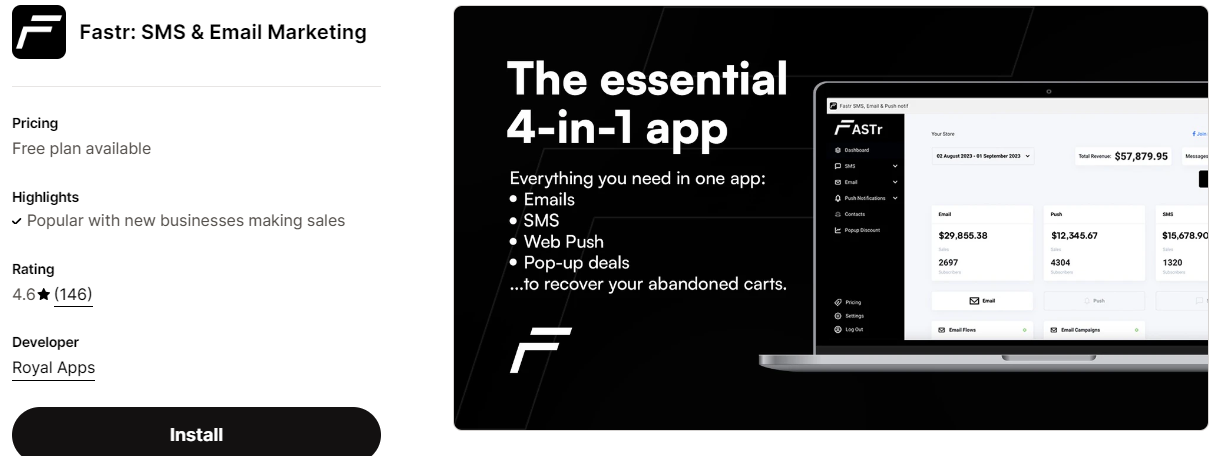 Fastr: SMS & Email Marketing - one of the best Shopify apps for improving cart recovery.