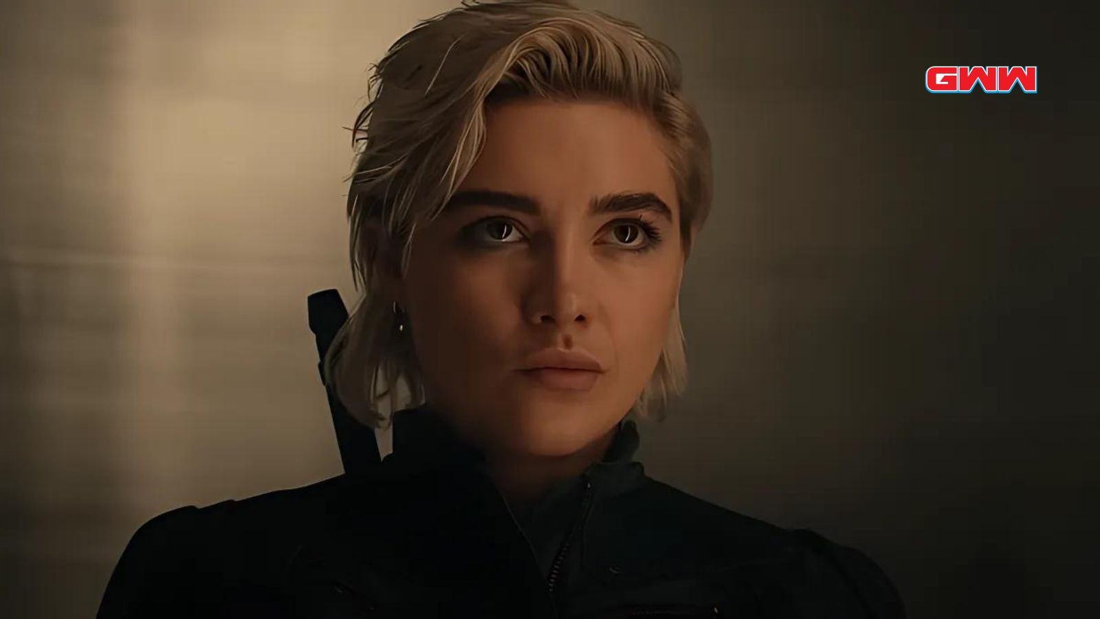 Florence Pugh as Yelena Belova in Thunderbolts, appearing focused and serious