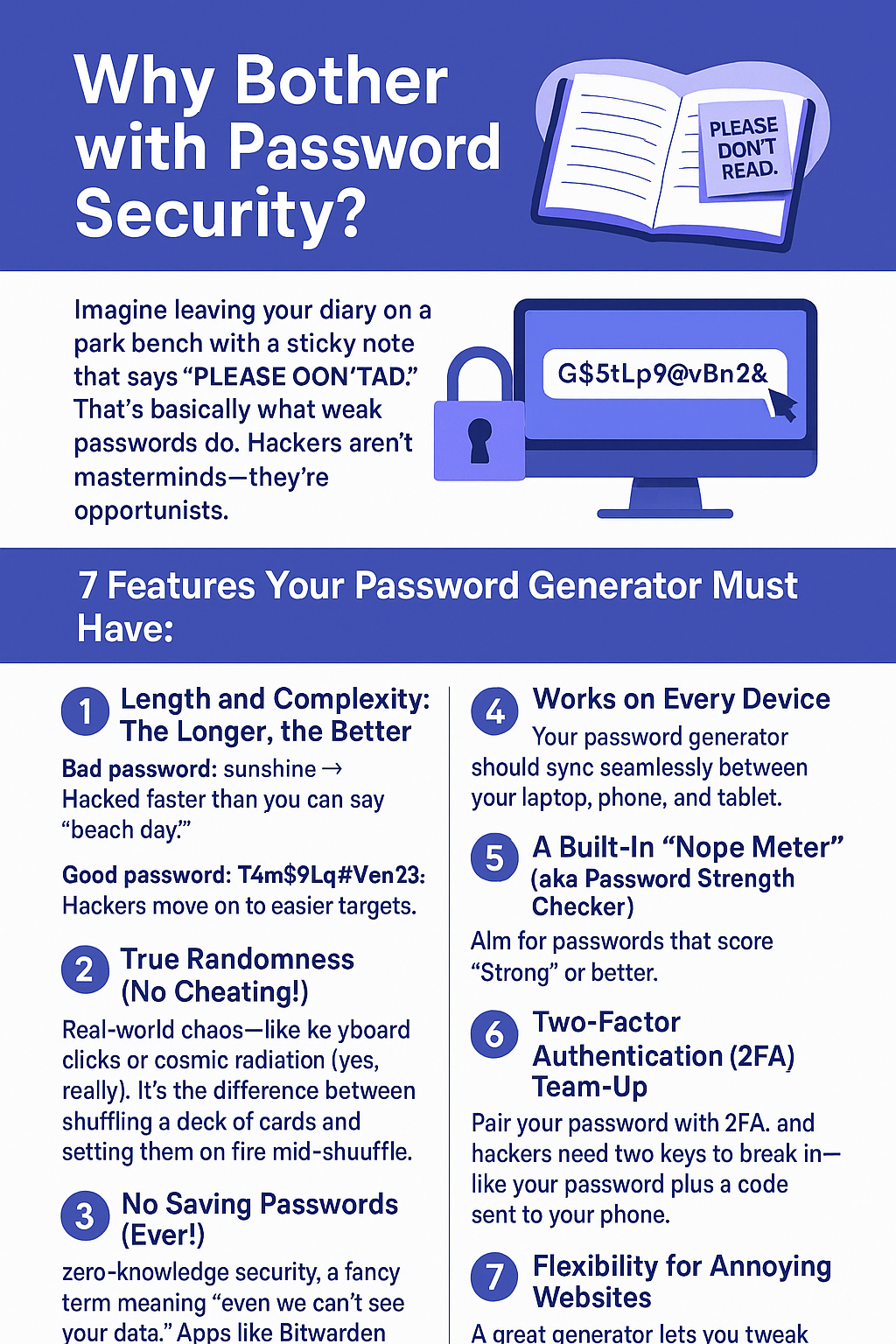 Visual representation of a high-security random password generator interface. The image shows various customization options including password length, use of uppercase and lowercase letters, numbers, and special characters. A strong password is displayed in a results box, with action buttons like “Generate” and “Copy.” The clean layout and highlighted security features emphasize the tool’s focus on privacy and data protection.
