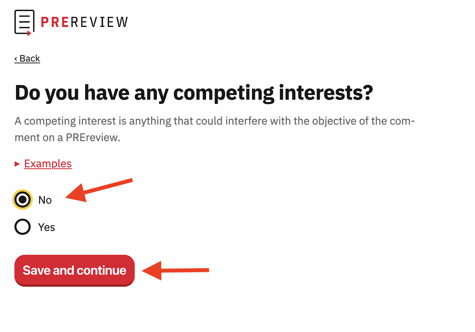 This is a screenshot from PREreview.org emphasizing how to declare any competing interests.