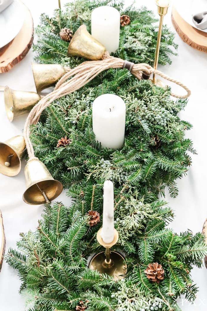 natural garland candle and bells diy christmas centerpiece