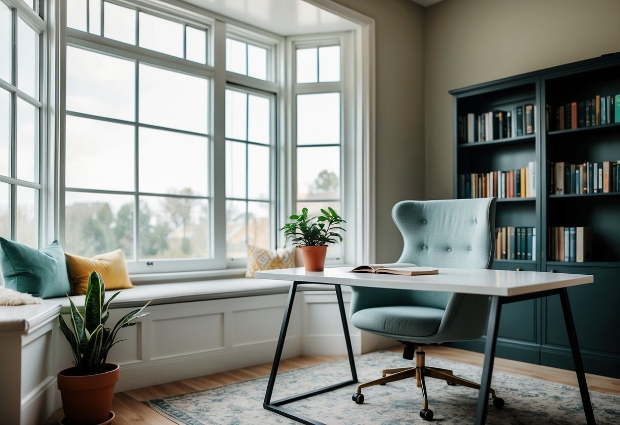 A cozy office with a large window, a comfortable chair, and a desk with a potted plant. A bookshelf filled with books and a soothing color scheme