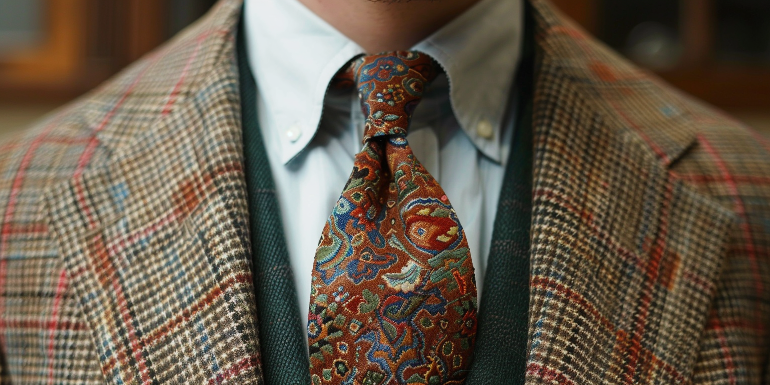 A vintage wide necktie, over 3.75 inches wide, with bold patterns typical of the 70s and 80s. Display it draped stylishly, highlighting its width and retro flair. The tie pairs well with wide lapels and classic vintage suits. The mood is nostalgic and bold, perfect for retro fashion and broader body types.