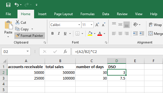 This image contains excel sheet view of how to calculate DSO in excel, in which data entered column-wise and at the DSO column formula was applied.