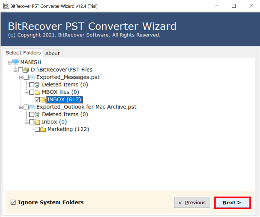 select required outlook folder