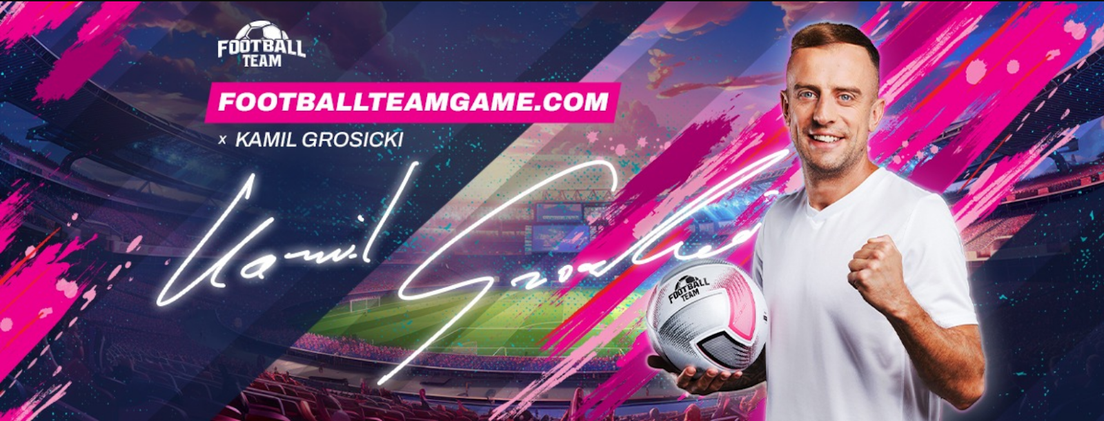 promotional image from FootballTeamGame showing Grosicki holding a soccer ball.