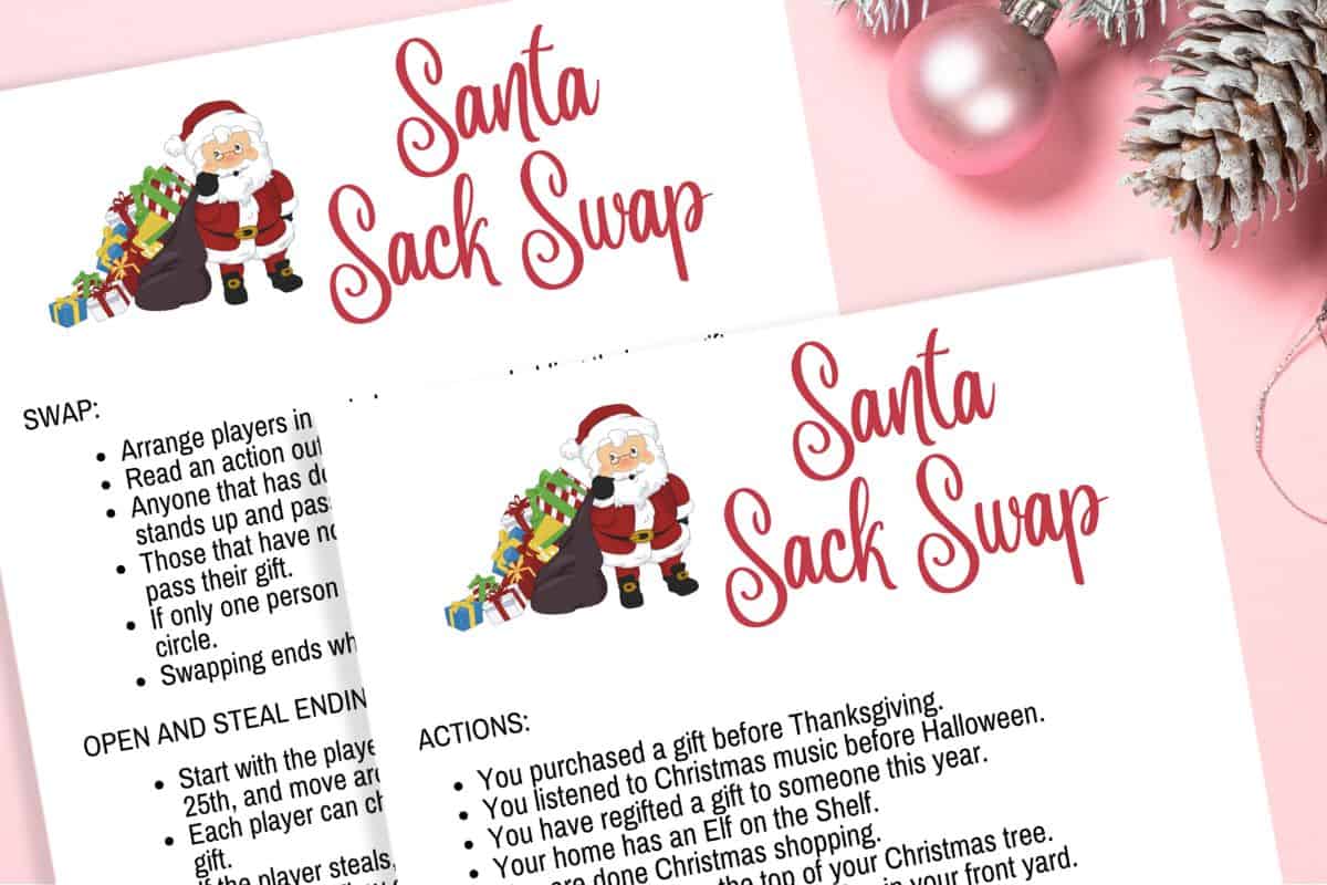 Printable sheets of the santa sack swap christmas game.