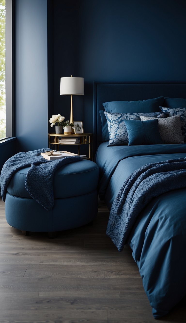 A dark blue bedroom with an azure ottoman as the focal point, accented with various shades of blue decor and textiles