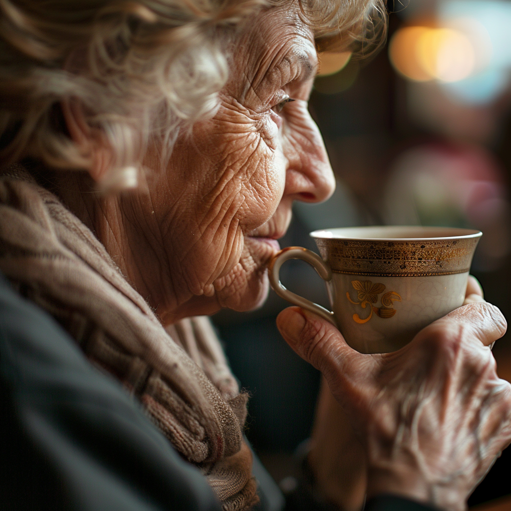 An elderly woman holding a cup of tea | Source: Midjourney