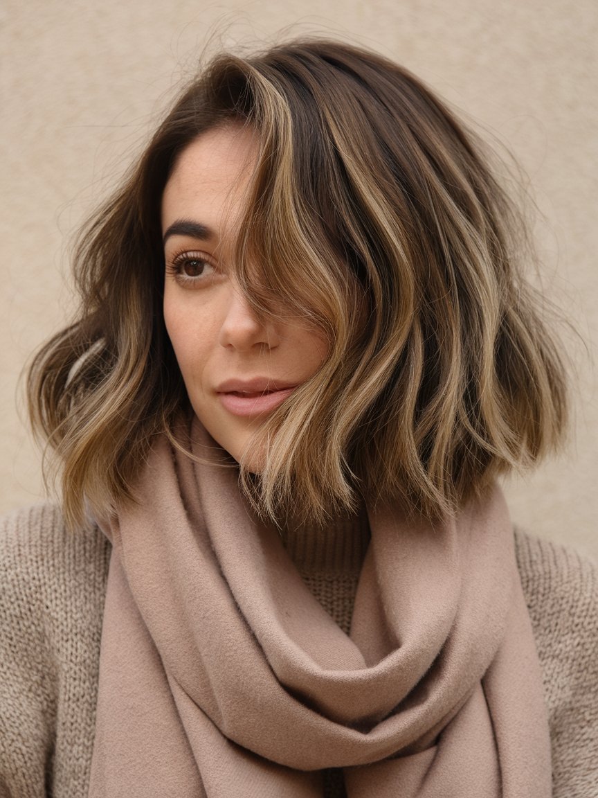 75. Wavy Chin-Length Bob with Caramel Highlights