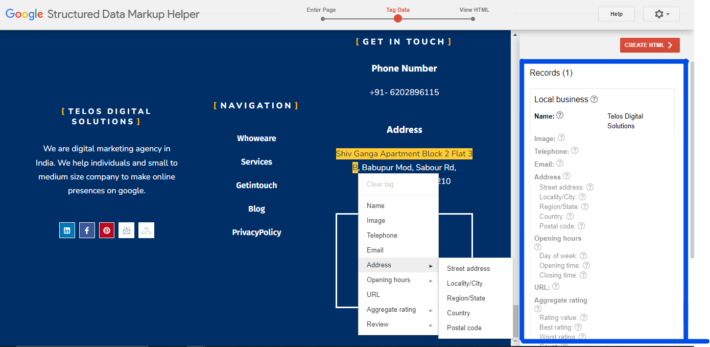 Enter tag data in Structured Data Markup Helper