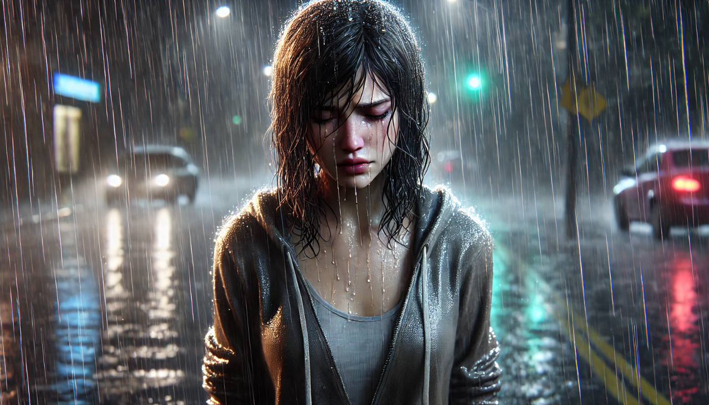 A young woman with wet, dark hair stands in the pouring rain on a dimly lit city street at night. Her face is downcast, with tears blending into the raindrops on her cheeks. She wears a soaked hoodie over a tank top, illuminated by distant headlights and neon streetlights, creating a moody and emotional atmosphere.